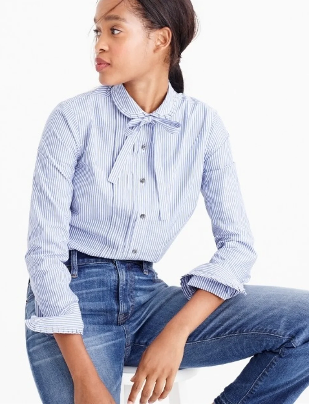Sz 4 J.Crew Striped Button-Up Tie-neck Tuxedo Shirt 100% Cotton Ruffled Collar